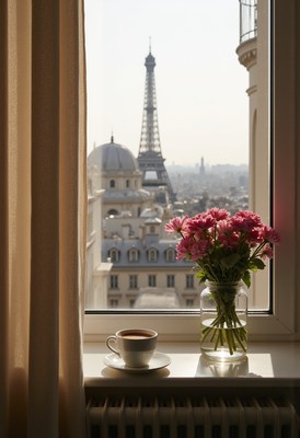 Morning coffee with a view of the eiffel tower in paris