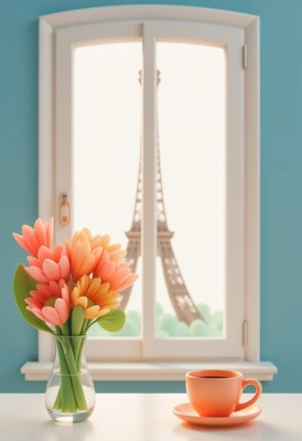 Colorful flowers and coffee view of the eiffel tower