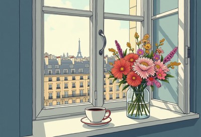 City view with flowers and coffee by the window