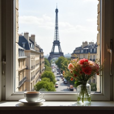 Enjoying coffee with a view of the eiffel tower