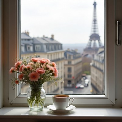 Eiffel tower view from window with flowers and coffee