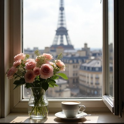 Morning coffee with a view of the eiffel tower in paris