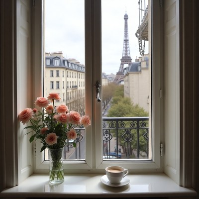 Beautiful window view of paris with flowers and coffee