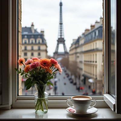Enjoying a quiet morning with paris view and flowers