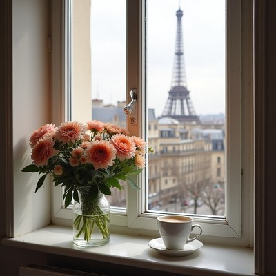 Morning view of eiffel tower with flowers and coffee