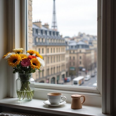 Bright flowers and coffee in a parisian window