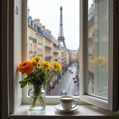 Cozy window view with flowers and coffee in paris