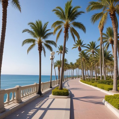 Relaxing stroll along the palm-lined beach promenade