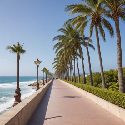 Scenic coastal promenade lined with palm trees