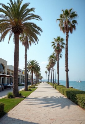 Coastal walkway lined with palm trees on a sunny day