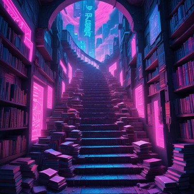 Bookshelves lead to a neon-lit staircase in a library