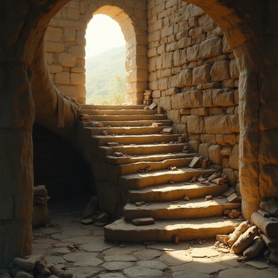 Stone staircase leads to sunlight in ancient ruins