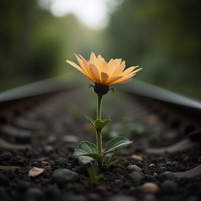 Bright flower growing between railway tracks in a forest