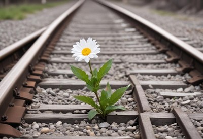 Flower grows resiliently on railway tracks in nature