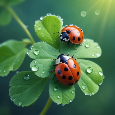 Ladybugs on a clover leaf with dew drops in sunlight