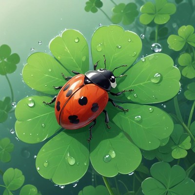 Ladybug resting on a clover leaf in morning dew
