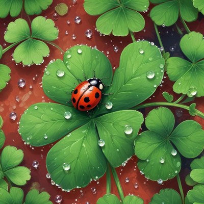 Ladybug resting on clover leaves with raindrops