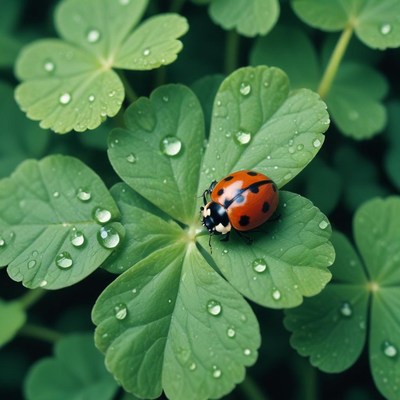 Ladybug resting on clover leaves with raindrops