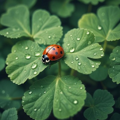 Ladybug resting on dewy clover leaves in a garden
