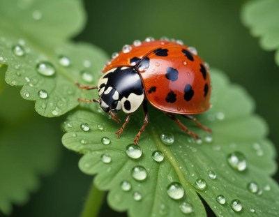 Ladybug resting on a leaf covered in droplets