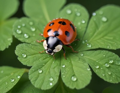 Ladybug resting on a wet green leaf in nature