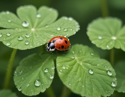 Ladybug resting on green leaves after rain