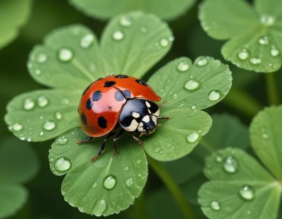 Ladybug resting on fresh green clover leaves