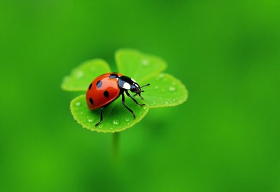 Ladybug on a clover leaf in a vibrant green setting