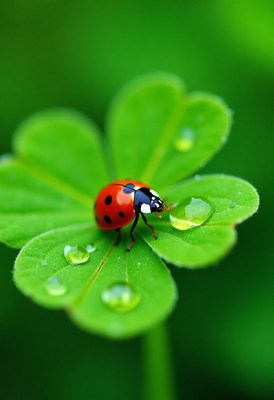 Ladybug on a green clover leaf with morning dew
