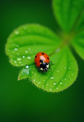 Bright ladybug resting on a leaf with dew droplets