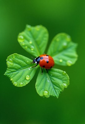 Ladybug resting on a green leaf with water droplets