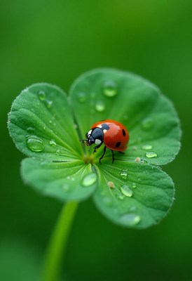 Ladybug resting on a clover leaf covered in dew