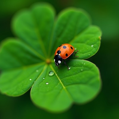 Colorful ladybug perched on green clover leaf