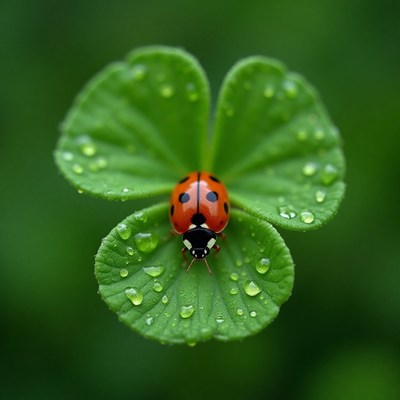 Ladybug on a clover leaf with raindrops glistening