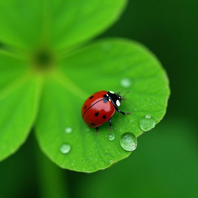 Ladybug resting on a green leaf with water droplets