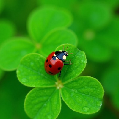 Ladybug on vibrant green clover leaf in daylight