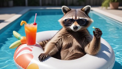 Raccoon enjoying summer by the pool with a drink