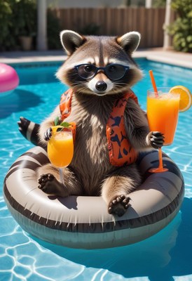 Raccoon enjoying summer pool party with drinks