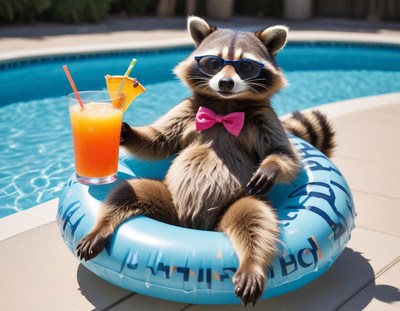 Raccoon enjoying a drink by the poolside