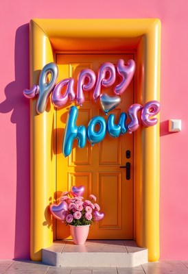 Bright entrance of a cheerful house decorated with balloons