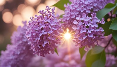 Blooming lilacs with sun rays in a garden setting