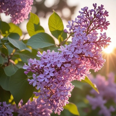 Lilac flowers blooming during sunset in a garden