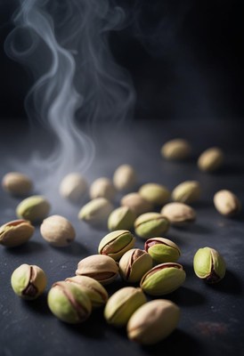 Pistachios arranged on a dark surface with smoke rising