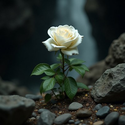Elegant white rose growing among stones near a waterfall