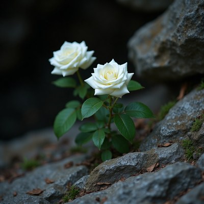 White roses blooming among rocky landscape in natural light