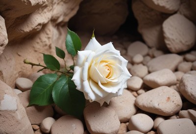 White rose resting on smooth stones in natural setting