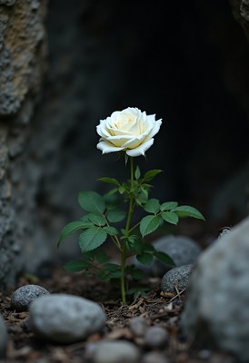 White rose blooms in rocky setting under dim light