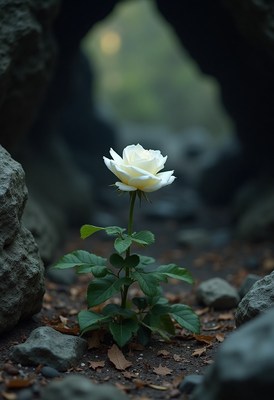 White rose blooming in rocky landscape during daylight