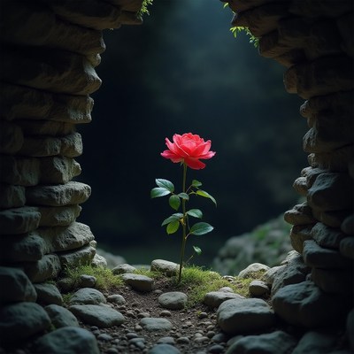 Beautiful rose blooms in a serene stone cave