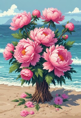 Vibrant peony tree blooms beside the tranquil ocean